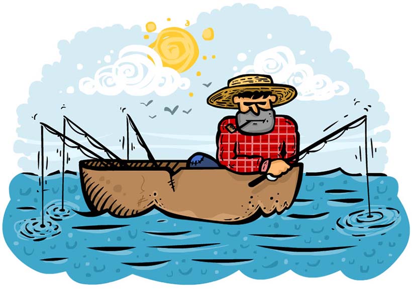 فردی داخل قایق نشسته و با چندین چوب ماهیگیری، ماهی می‌گیرد